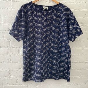 De Rotchild Womens Navy Blue Embroidered Floral Short Sleeve Top L 100% Cotton